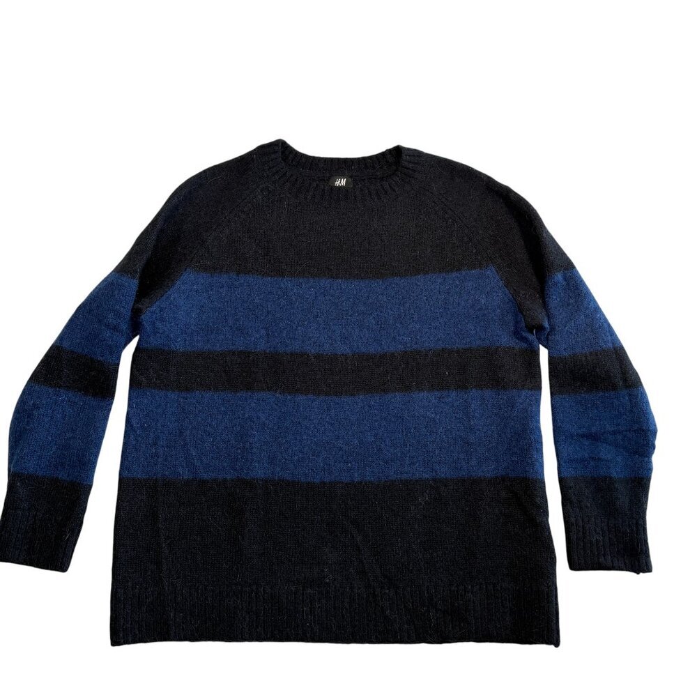 H&M Black Alpaca Wool Blend Black Blue Striped Crew Neck Sweater XL